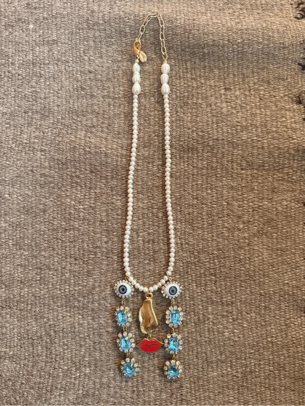 History Time Travel- Pearl Necklace with Rhinestone Tear Drops & Red Lip Charms